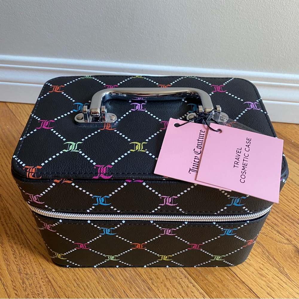 Juicy Couture Black Cosmetic Travel Case with Multicolor Logo Pattern